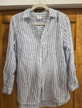 Sigrid Olsen Light Blue and White Striped Linen-Blend Button Shirt